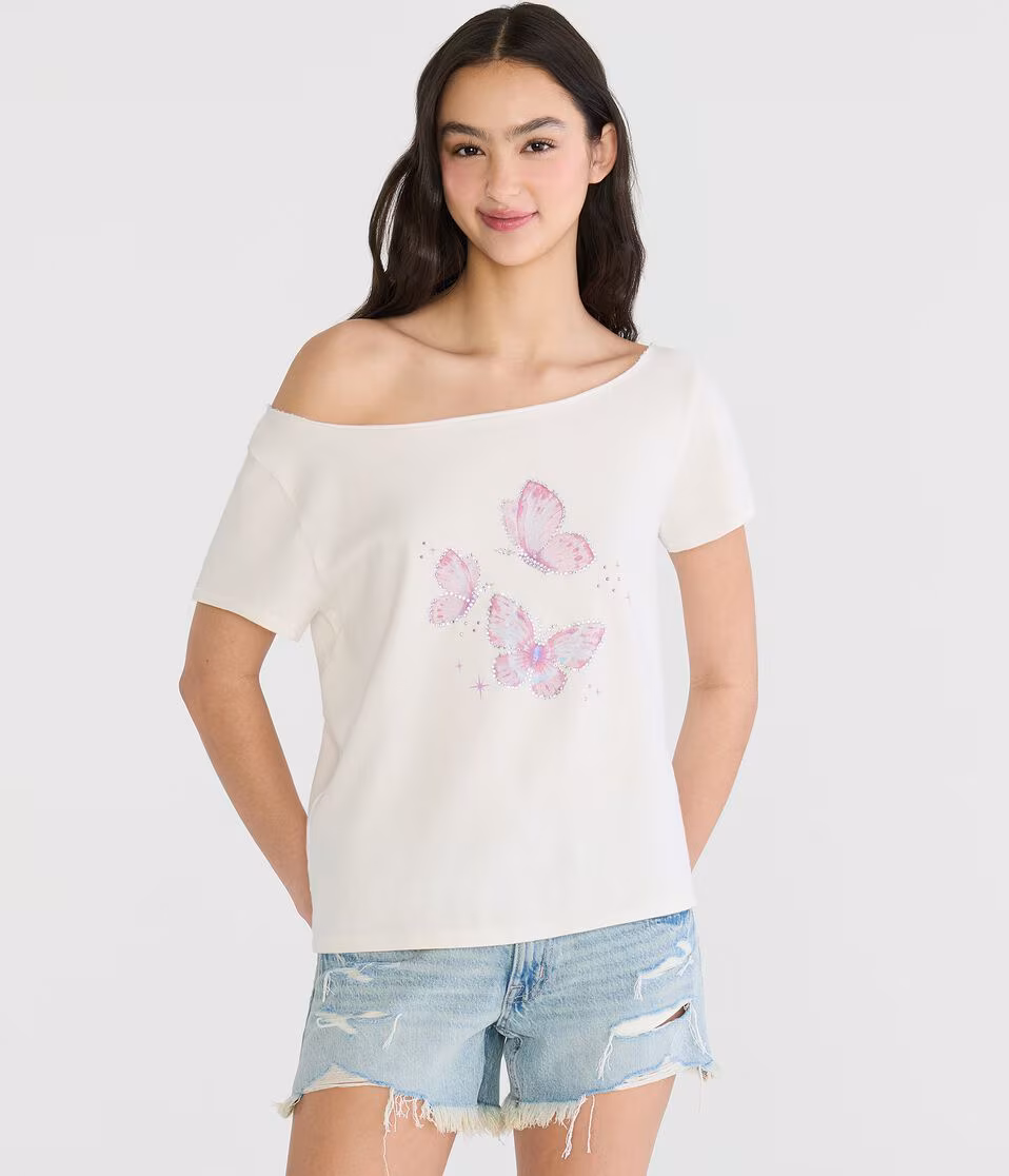 Seriously Soft Rhinestone Butterfly Off-The-Shoulder Vintage Fit Tee