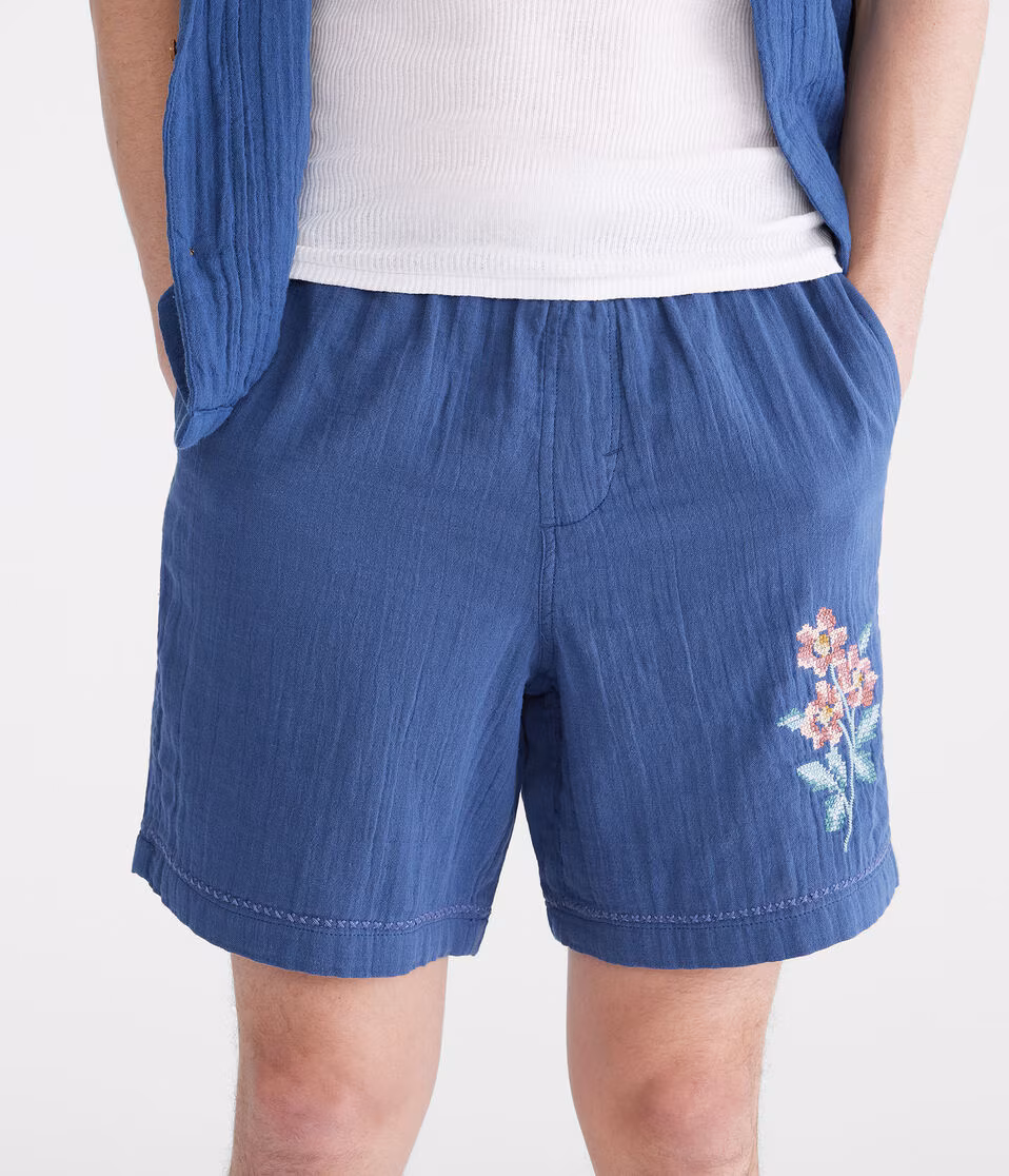 Stitched Floral Gauze All Day Jogger Shorts 7"