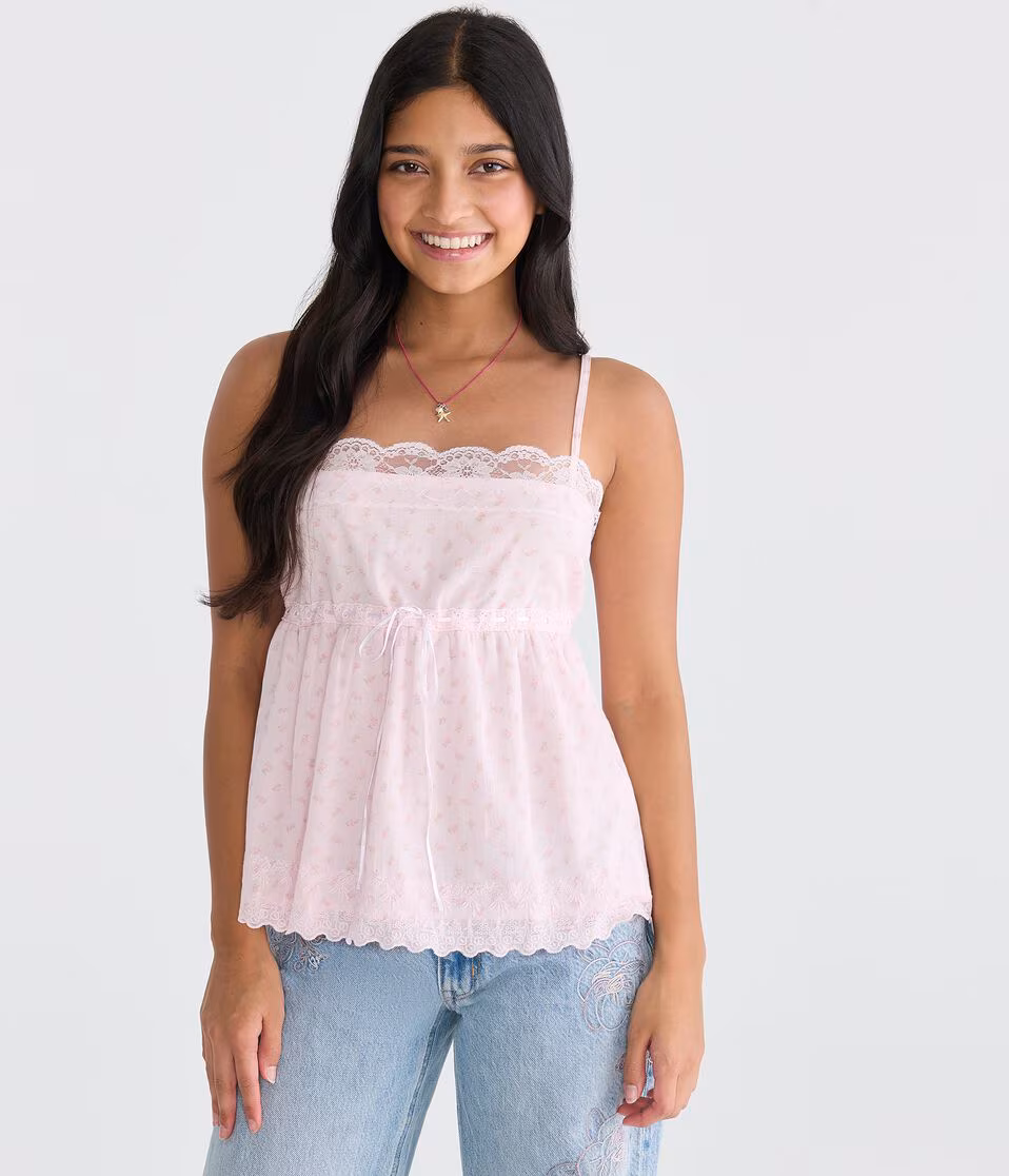 Floral Bow Lace-Trim Square-Neck Cami