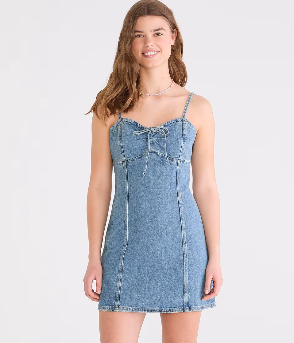 Solid Sweetheart Tie-Front Denim Mini Dress