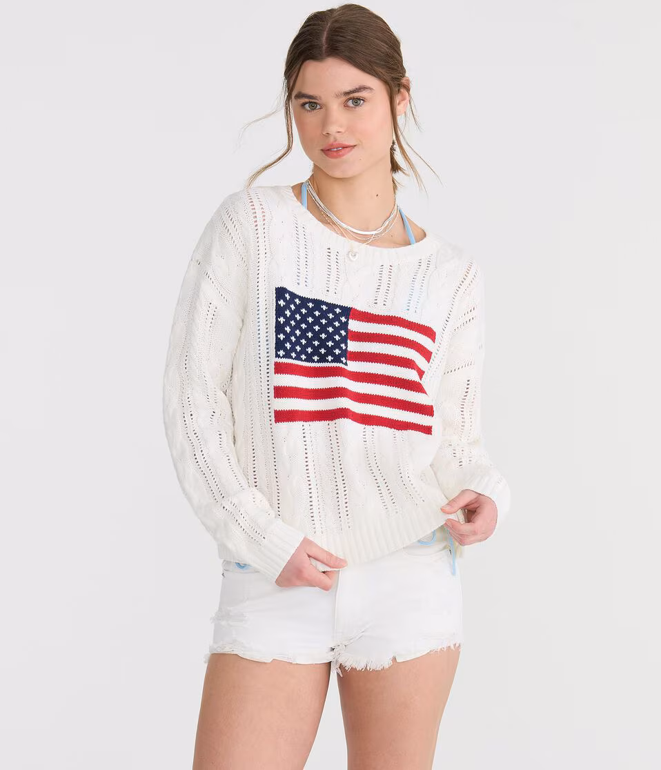 American Flag Cable Crew Sweater