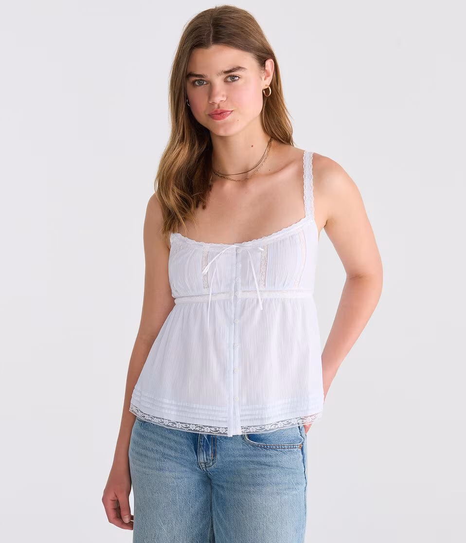 Striped Lace Button-Front Square-Neck Cami
