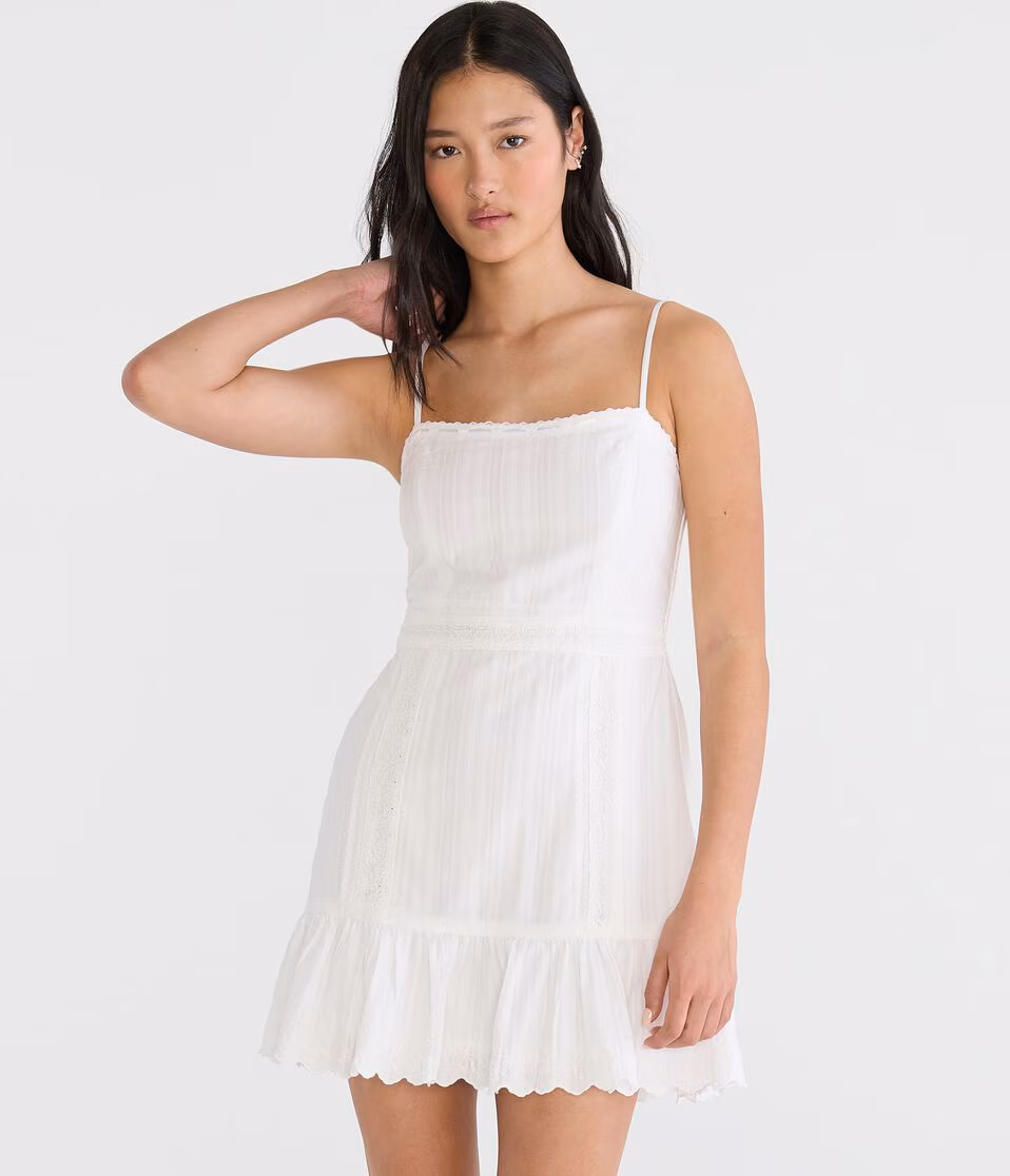 Solid Square-Neck Lace Inset Mini Dress
