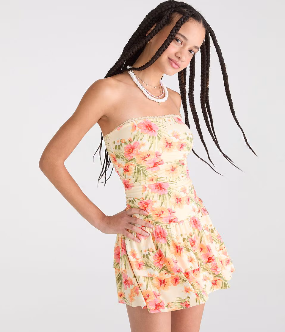 Floral Strapless Drop-Waist Mini Dress