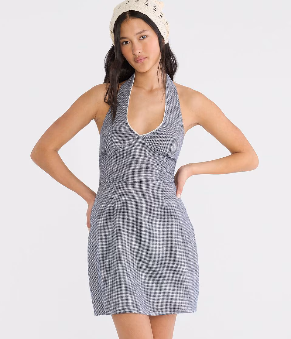Gingham V-Neck Halter A-Line Mini Dress
