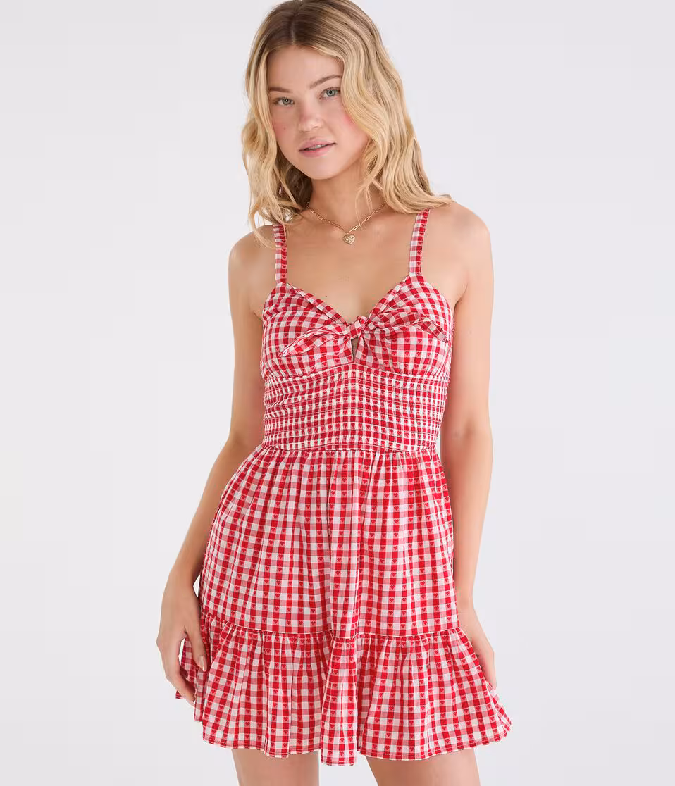 Gingham Hearts V-Neck Fit & Flare Mini Dress