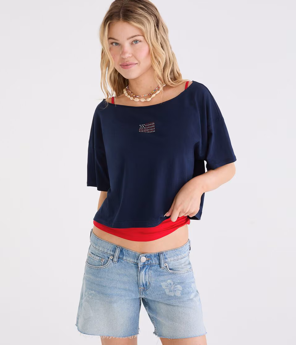 Seriously Soft American Flag Off-The-Shoulder Boyfriend Graphic Tee