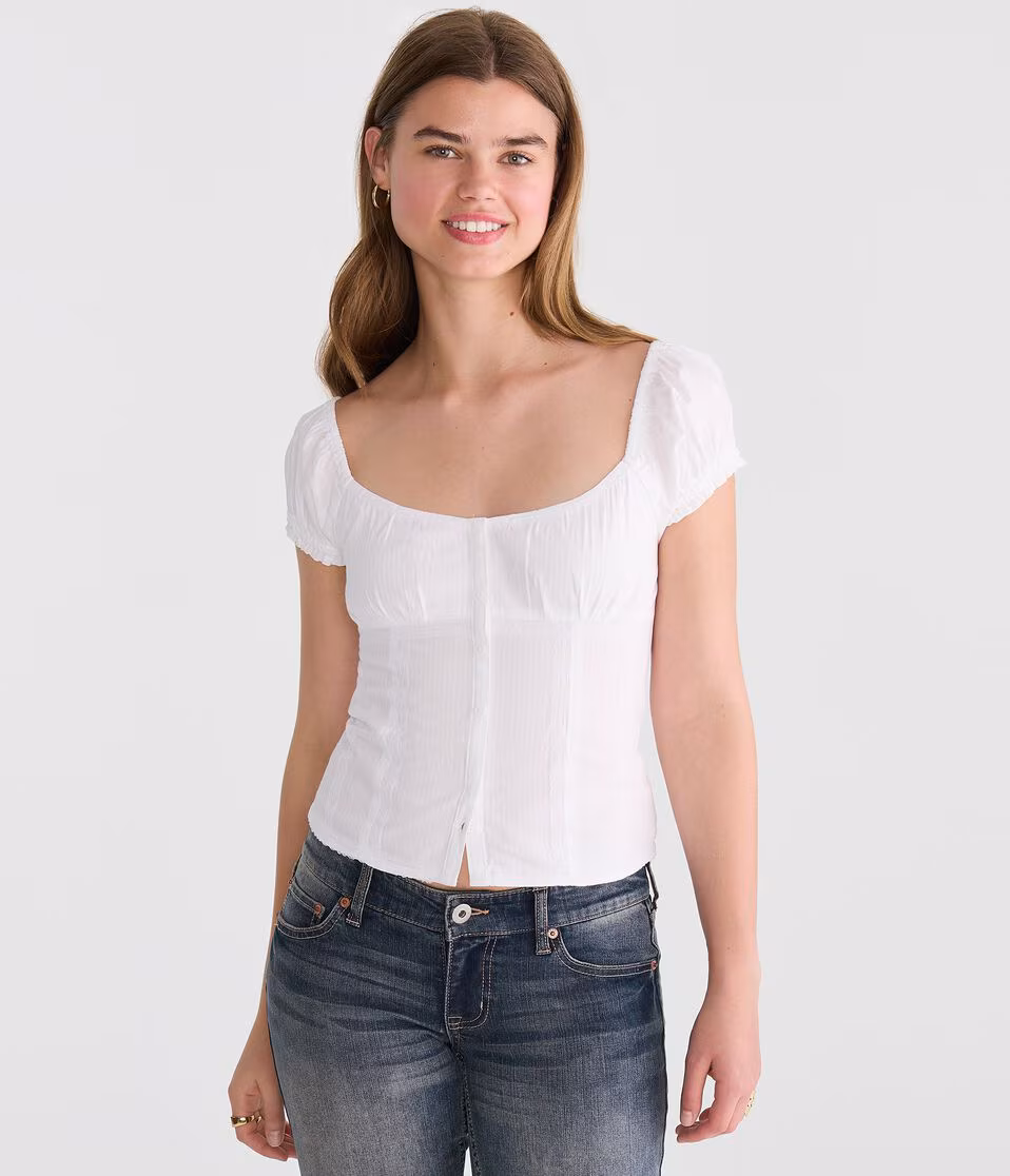 Tonal Stripe Button-Front Scoop-Neck Blouse
