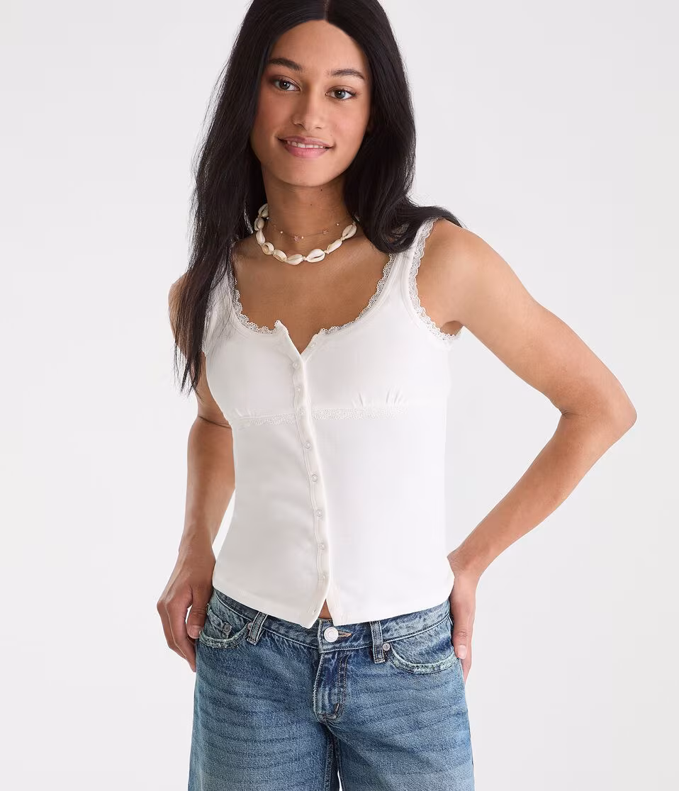 Seriously Soft Lace-Trim Buttoned Tank Top