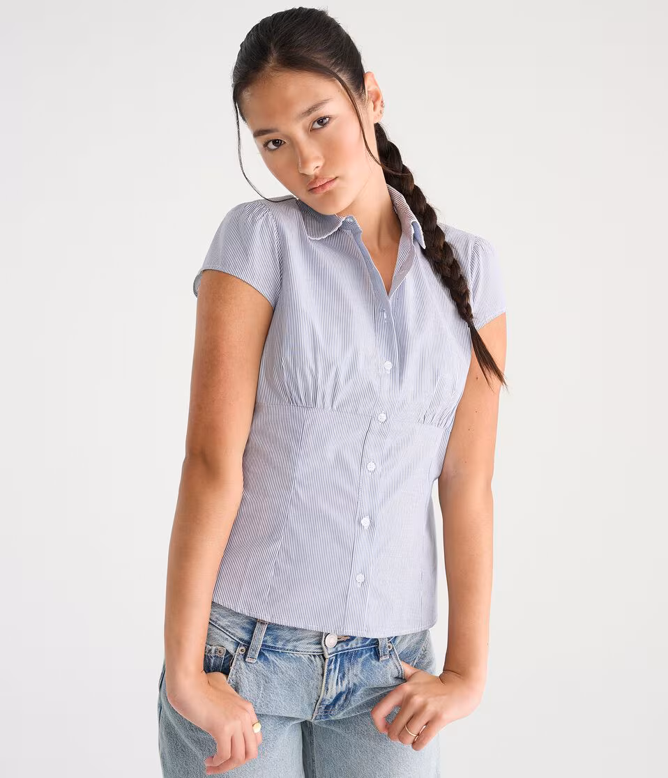 Short Sleeve Striped Peter Pan Tie-Back Blouse