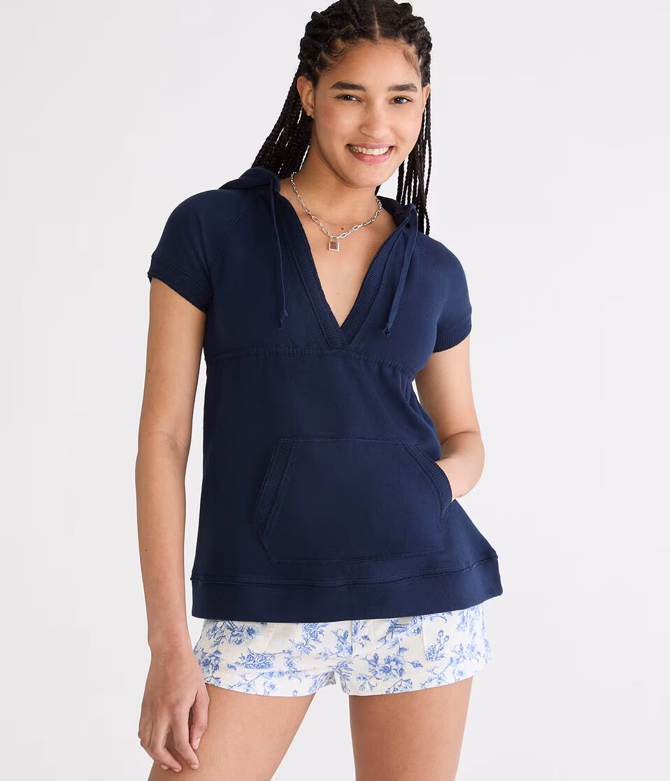 Short Sleeve Babydoll Tie-Back V-Neck Fleece Hoodie