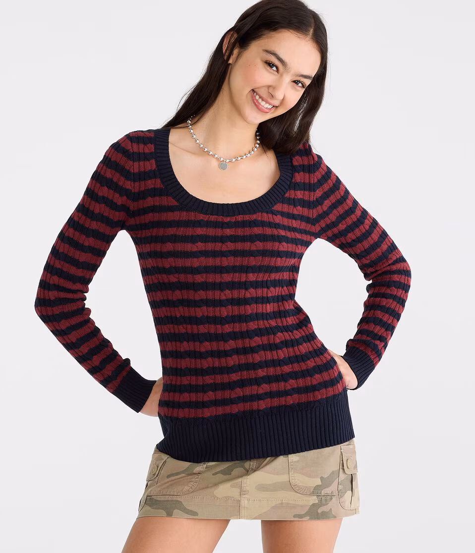 Striped Cable Scoop-Neck Sweater