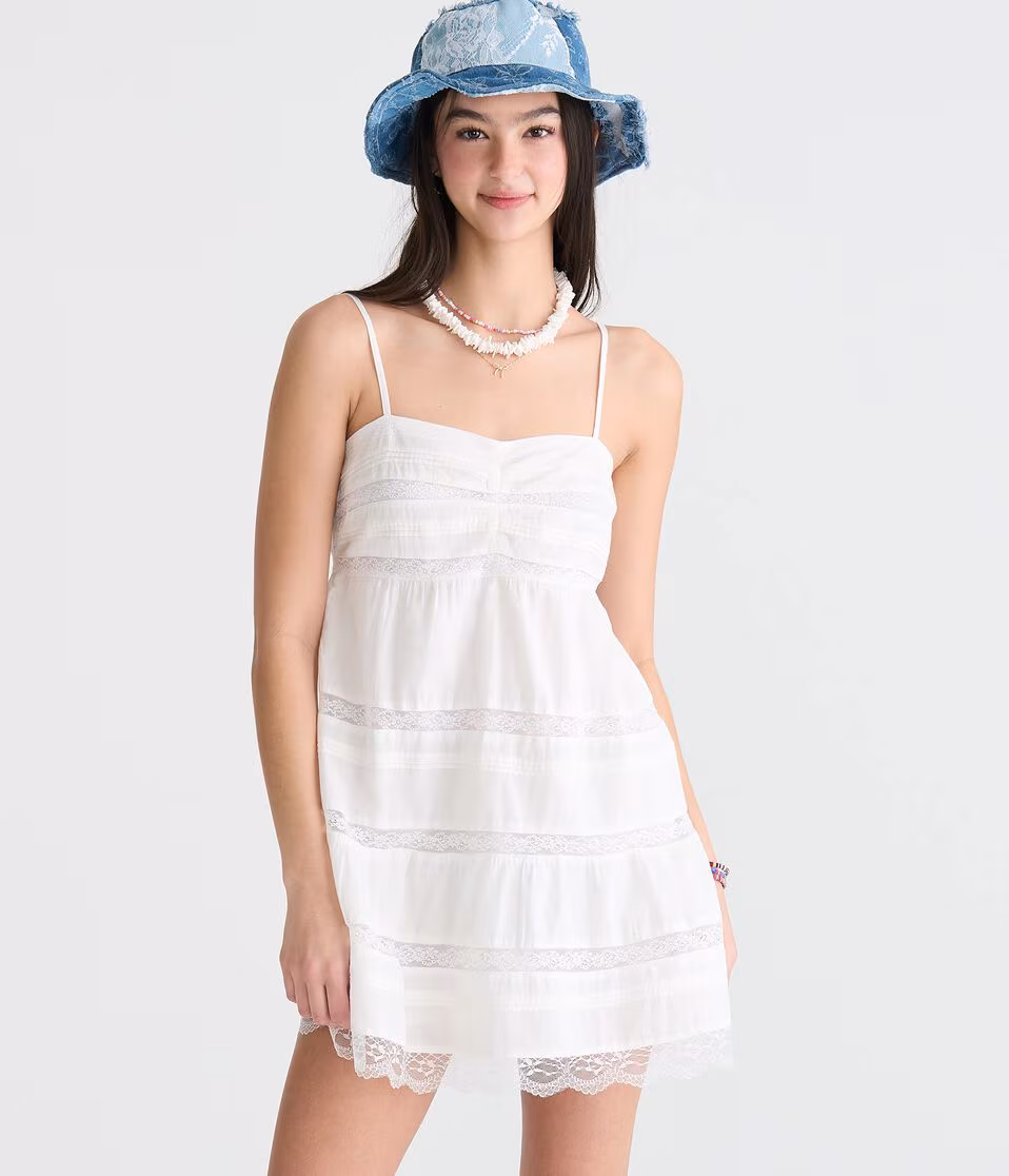 Solid Sweetheart Pintuck & Lace Babydoll Dress