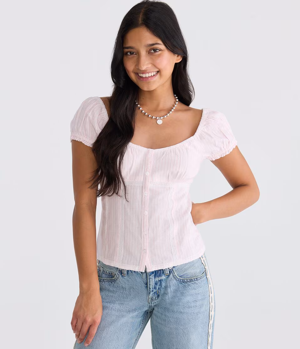 Striped Button-Front Scoop-Neck Blouse