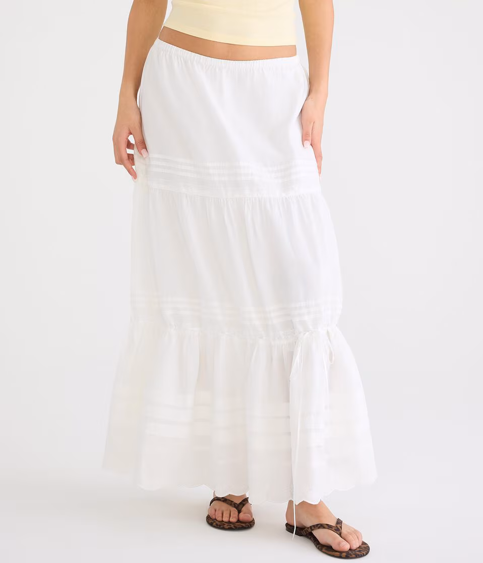 Pintuck & Lace Tiered Maxi Skirt