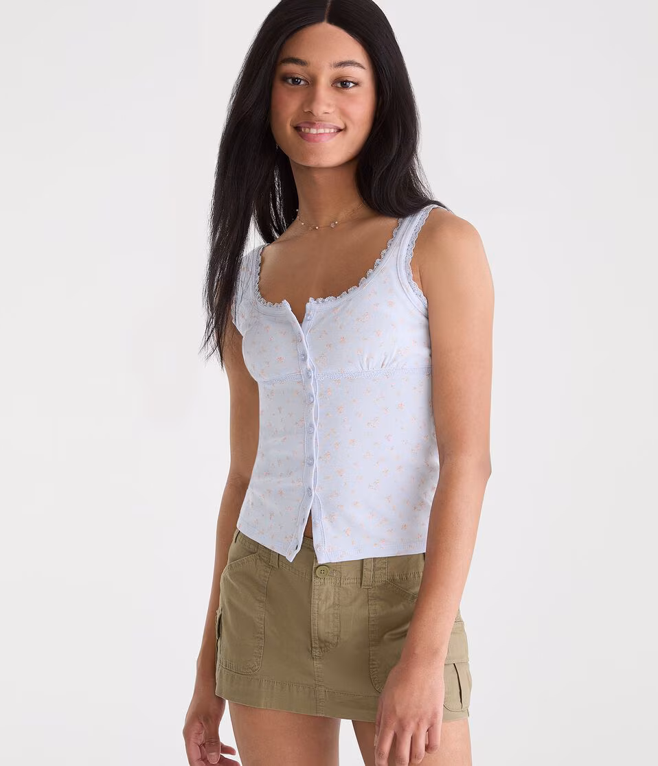 Seriously Soft Floral Lace-Trim Buttoned Tank Top