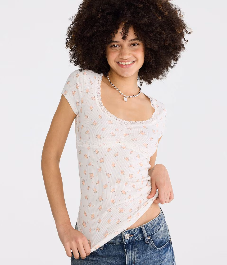 Seriously Soft Floral Lace-Trim Scoop-Neck Tee