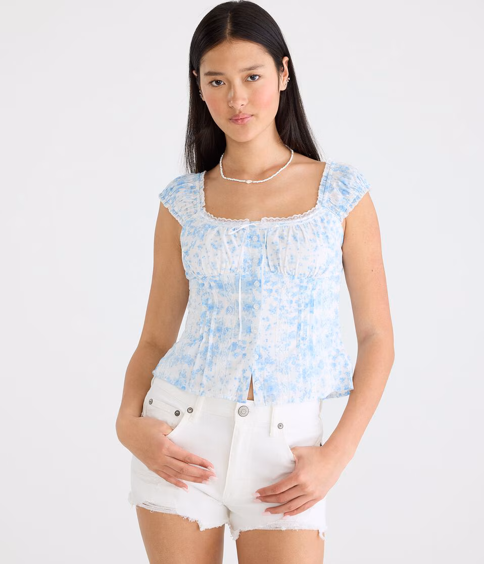 Floral Pintuck & Lace Scoop-Neck Corset Top