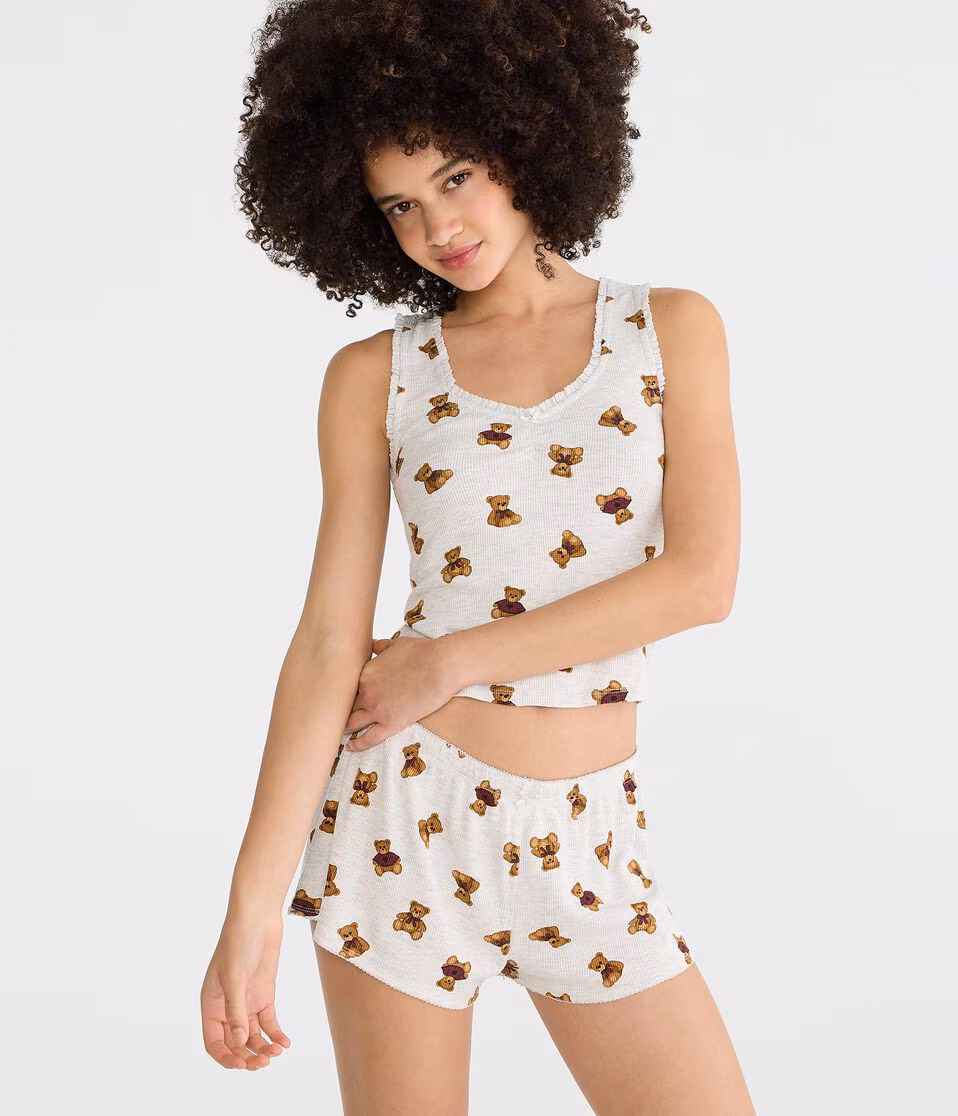 Teddy Bear Cropped Waffle Sleep Tank