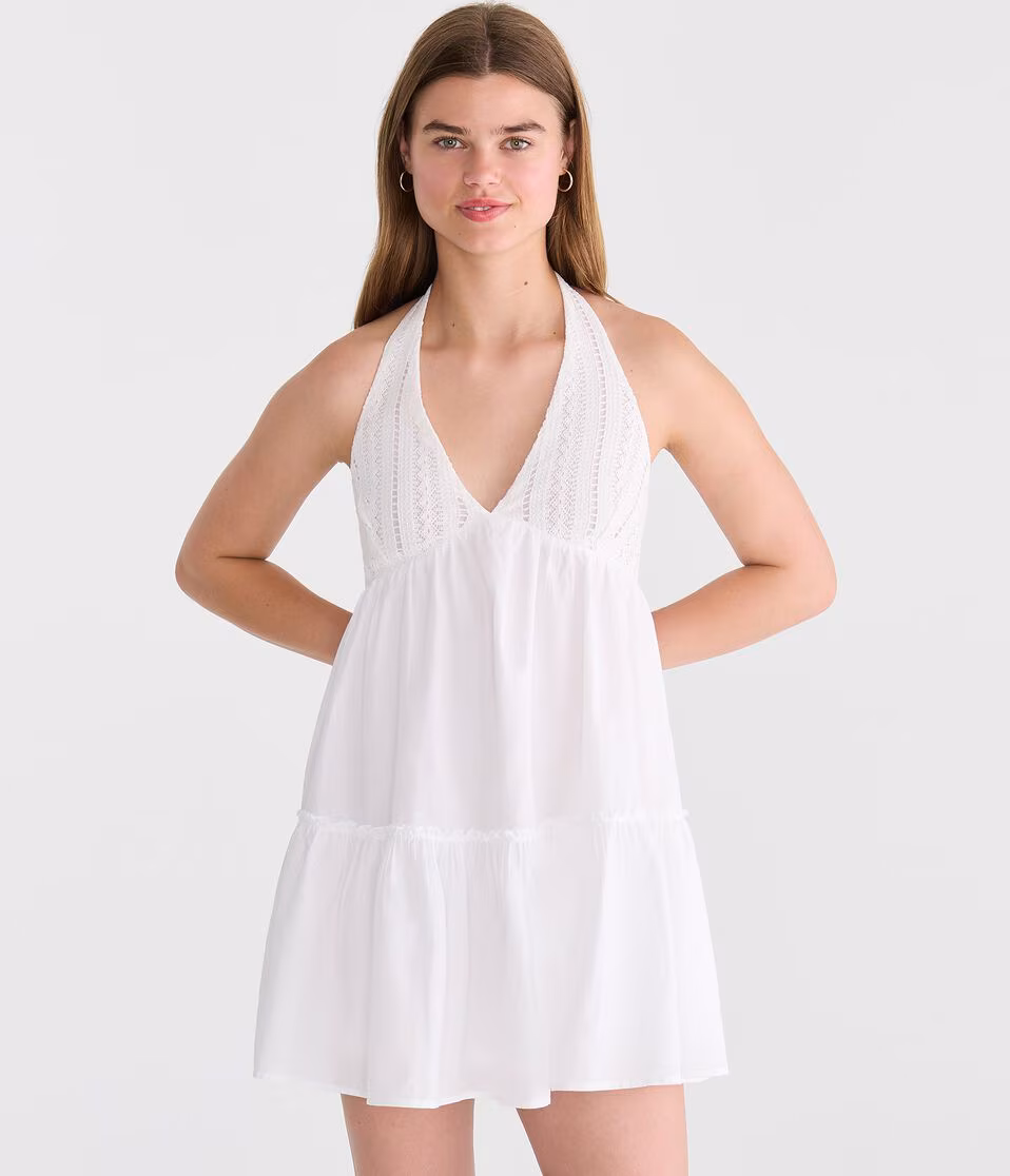 Solid V-Neck Crocheted Halter Mini Dress