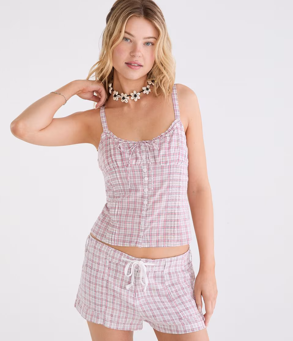 Plaid Pintuck Button-Front Tank Top